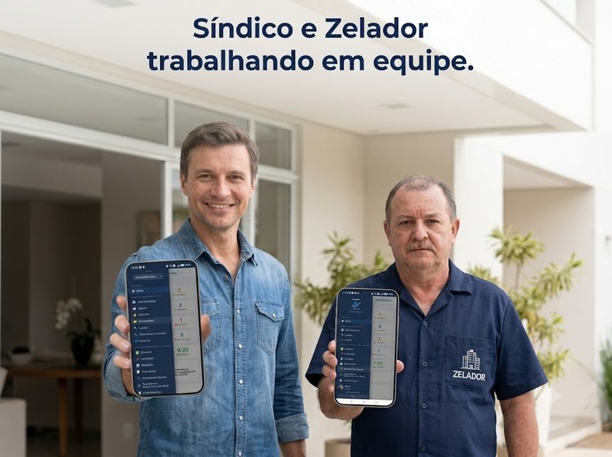 Síndico e zelador mostrando o app SindicoFit nos celulares